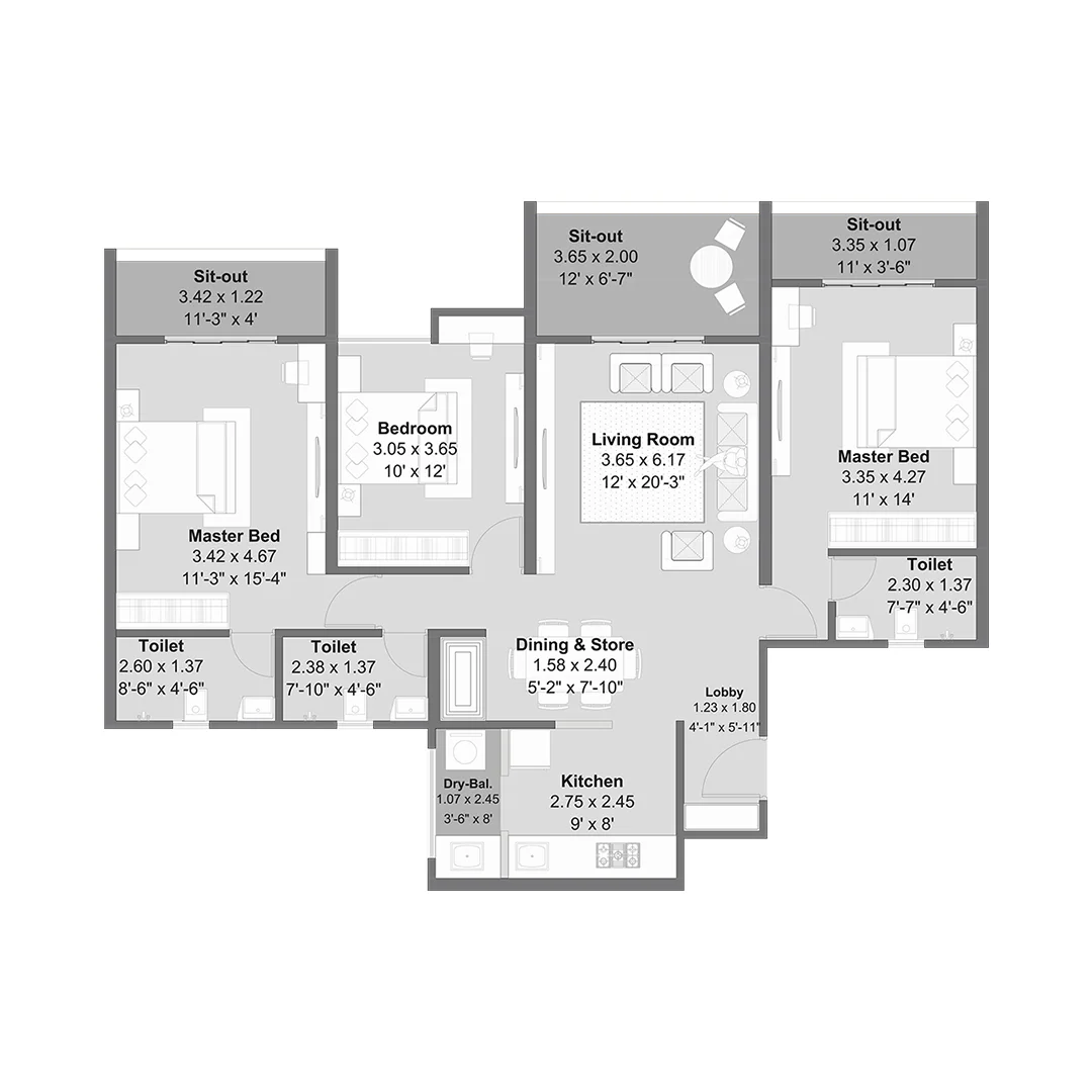 Kohinoor Westview Reserve New Wakad 3 BHK Floor Plan Image
